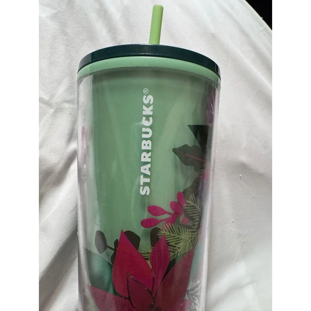Starbucks Holiday Poinsettia Cold Cup Tumbler Venti 24oz Green Pink Floral 2021